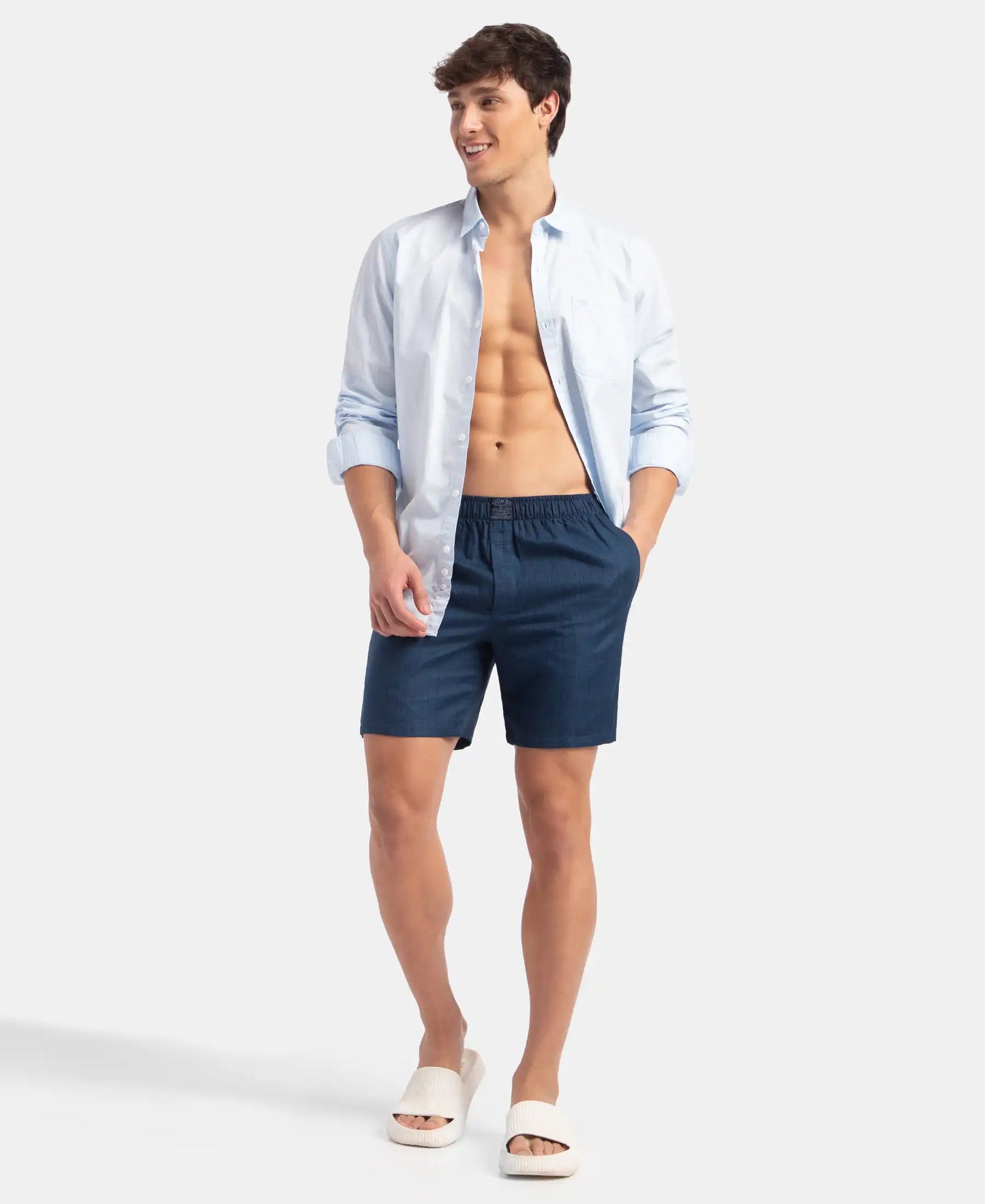 Tencel Lyocell Cotton Checkered Boxer Shorts with Side Pockets - Poseidon