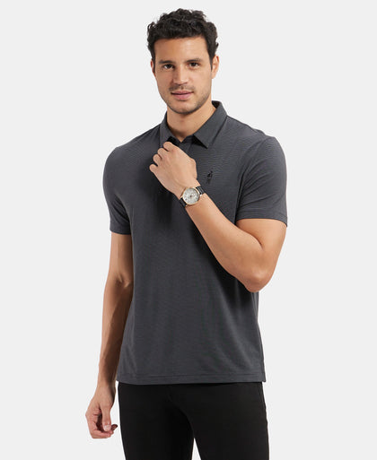 Tencel Micro Modal and Cotton Blend Thin Stripe Half Sleeve Polo T-Shirt - Black