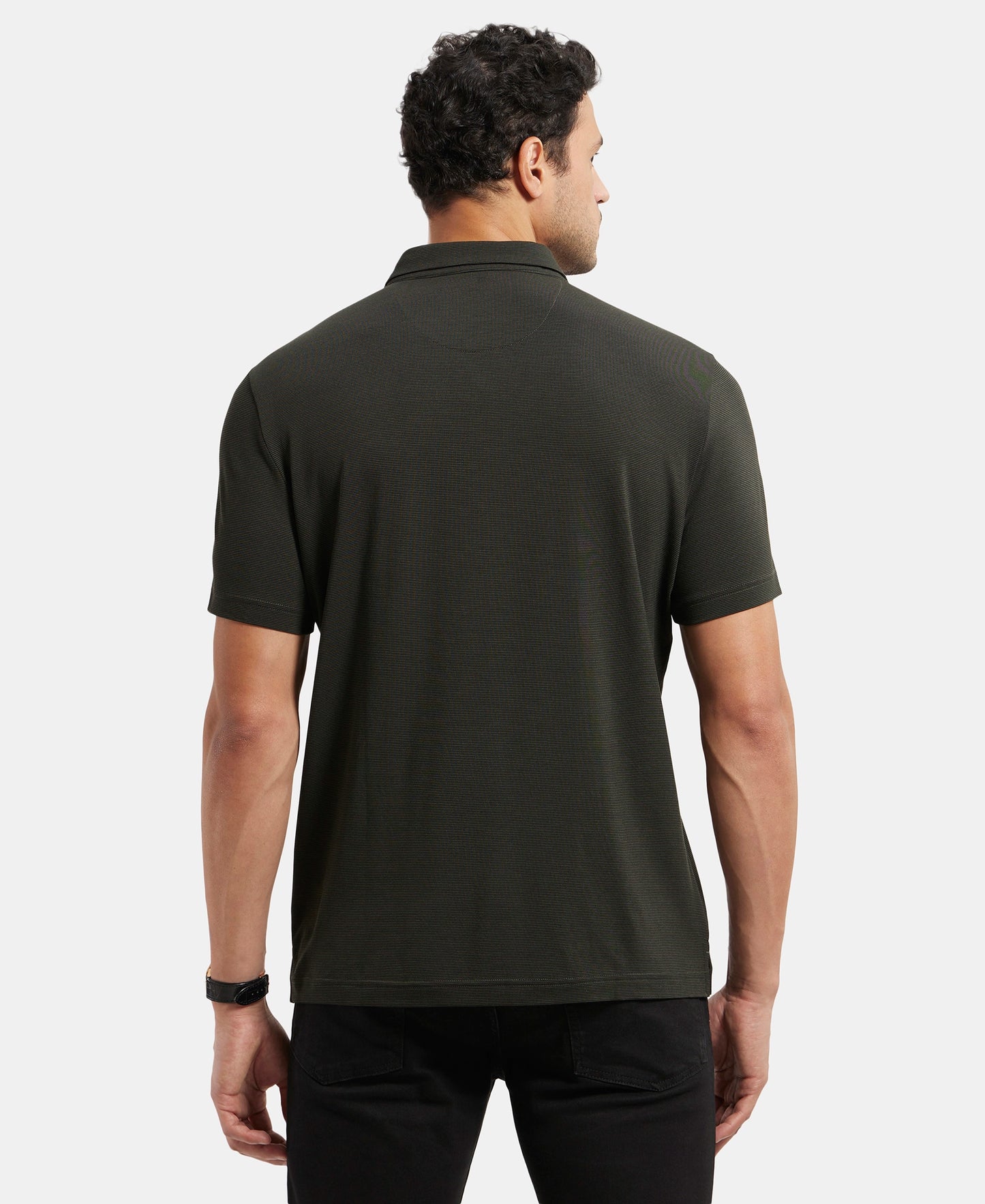 Tencel Micro Modal and Cotton Blend Thin Stripe Half Sleeve Polo T-Shirt - Forest Night