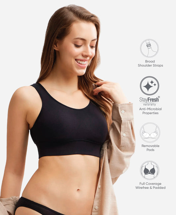 Wirefree Padded Tencel Lyocell Elastane Stretch Full Coverage Lounge Bra with Stay Fresh Properties and Removable Pads - Black
