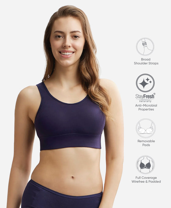 Wirefree Padded Tencel Lyocell Elastane Stretch Full Coverage Lounge Bra with Stay Fresh Properties and Removable Pads - Classic Navy