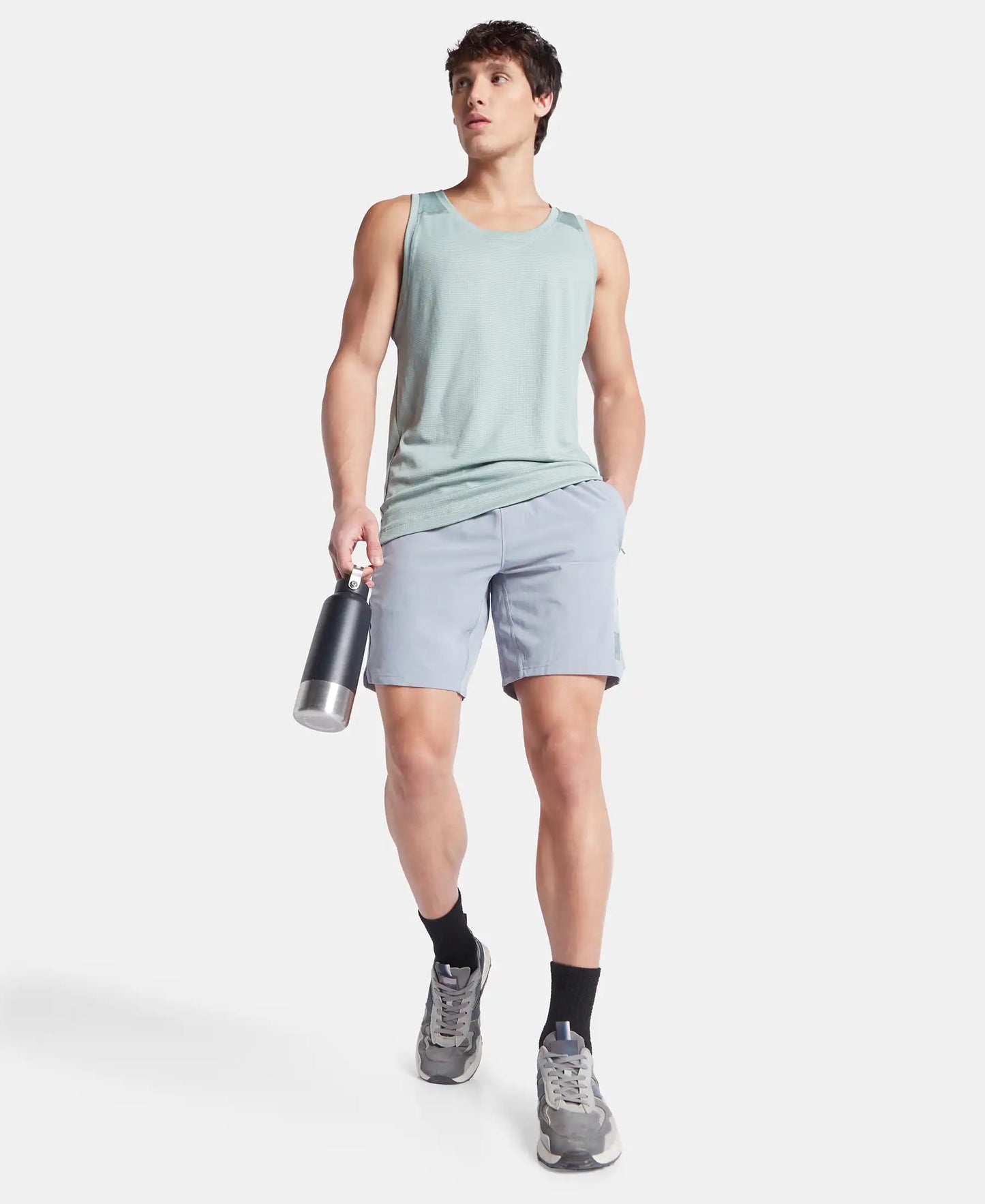 Recycled Microfiber Elastane Stretch Solid Shorts with Zipper Pockets and StayFresh Treatment - Grey