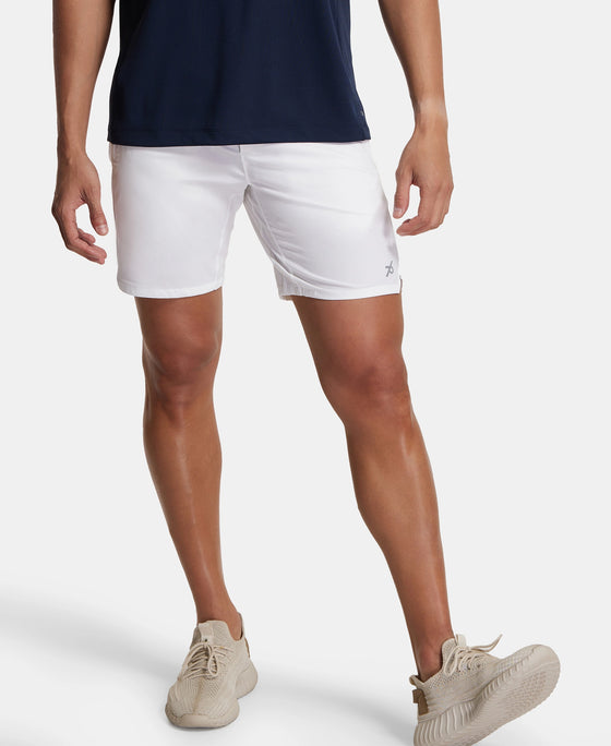 Recycled Microfiber Elastane Stretch Solid Shorts with Zipper Pockets and StayFresh Treatment - White