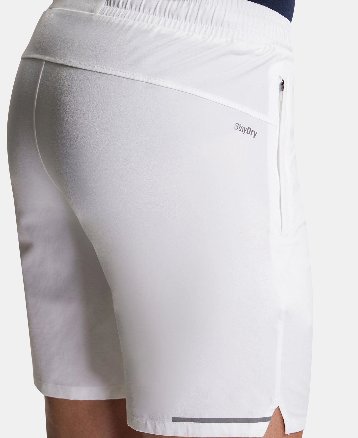 Recycled Microfiber Elastane Stretch Solid Shorts with Zipper Pockets and StayFresh Treatment - White