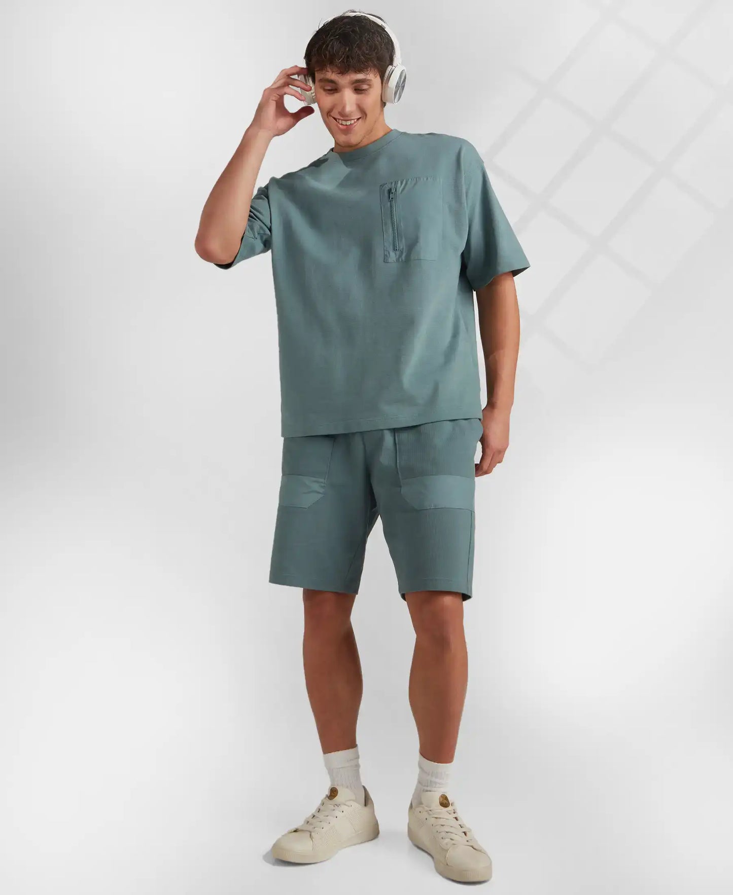 Super Combed Cotton Oversized T-Shirt with Zipper Pocket - Blue