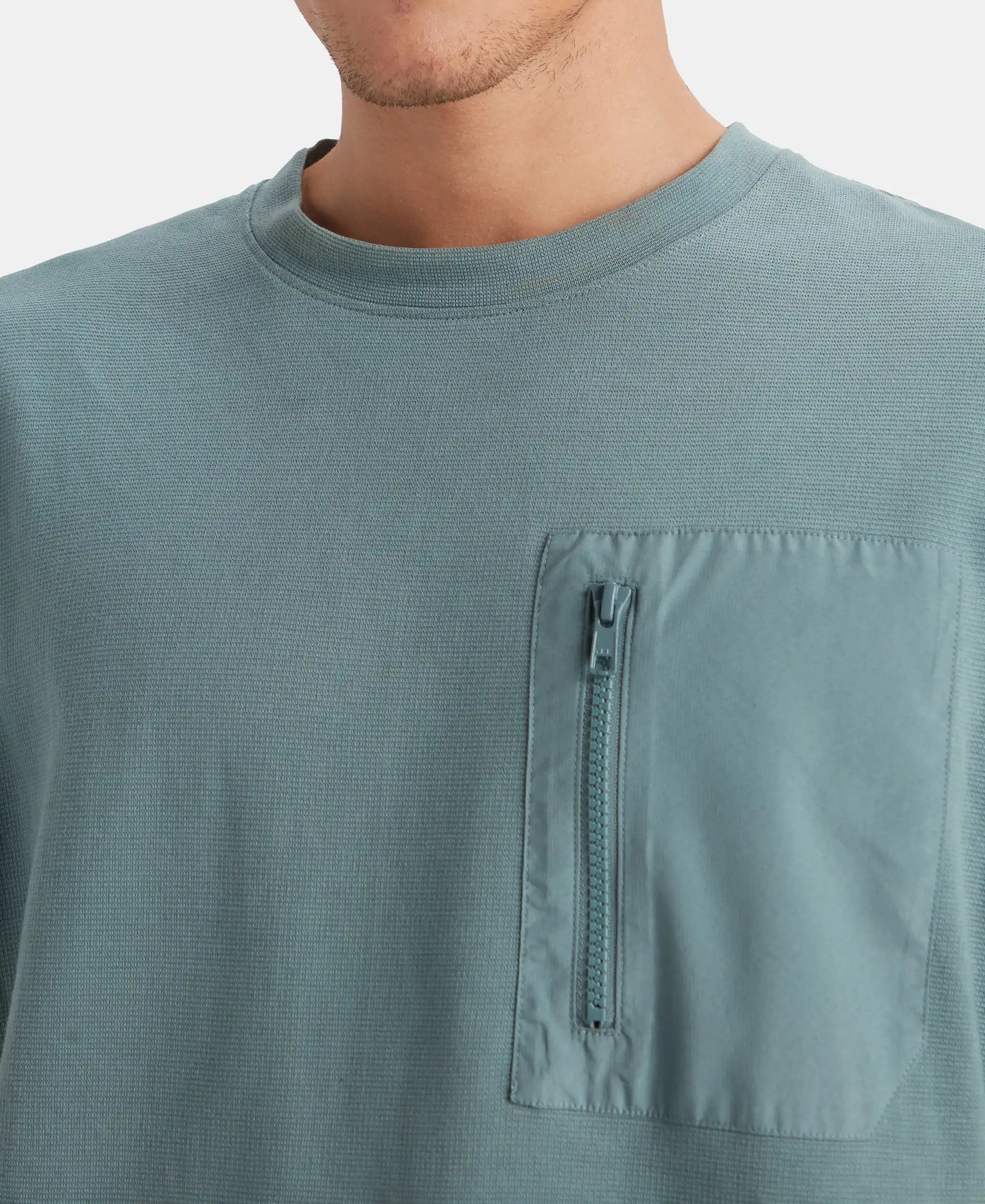 Super Combed Cotton Oversized T-Shirt with Zipper Pocket - Blue