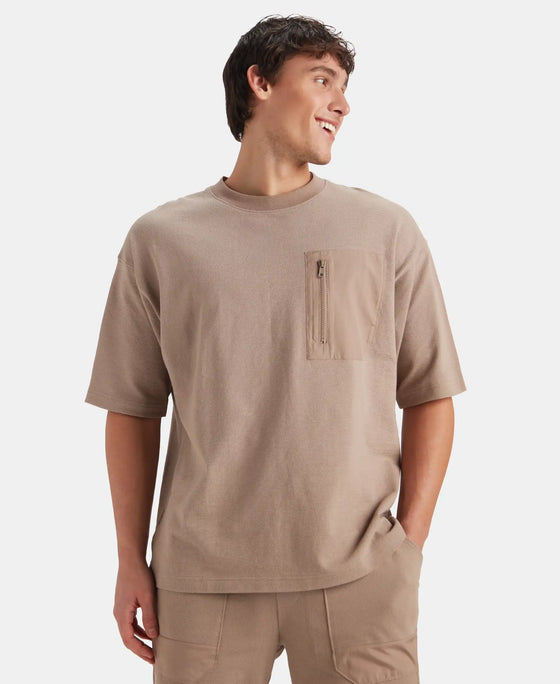 Super Combed Cotton Oversized T-Shirt with Zipper Pocket - Taupe Grey