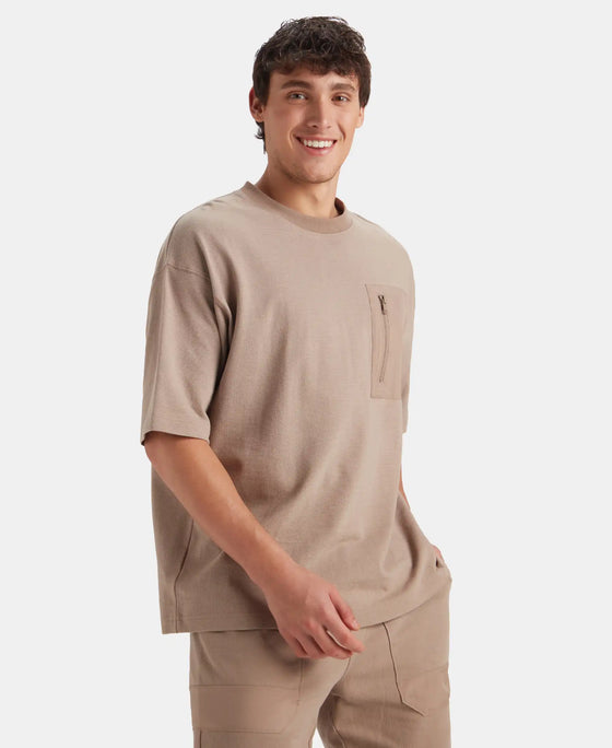 Super Combed Cotton Oversized T-Shirt with Zipper Pocket - Taupe Grey