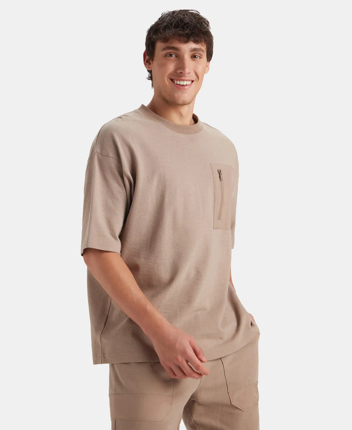 Super Combed Cotton Oversized T-Shirt with Zipper Pocket - Taupe Grey