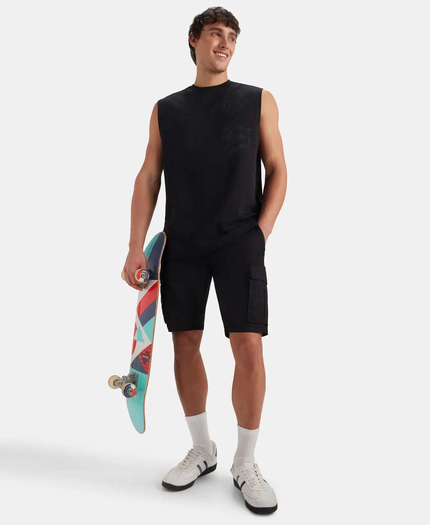 Super Combed Cotton Rich Graphic Print Oversized Tank Top - Deep Black