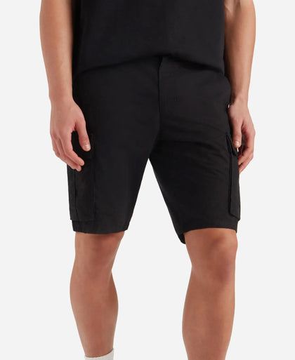 Super Combed Cotton Woven Straight Fit Cargo Shorts with Seven Pockets - Black