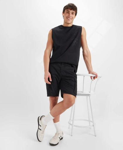 Super Combed Cotton Woven Straight Fit Cargo Shorts with Seven Pockets - Black
