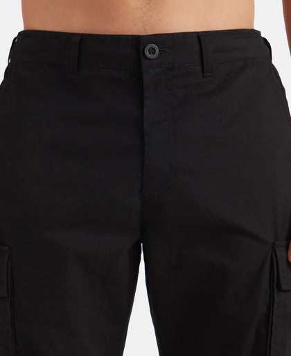 Super Combed Cotton Woven Straight Fit Cargo Shorts with Seven Pockets - Black