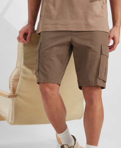 Super Combed Cotton Woven Straight Fit Cargo Shorts with Seven Pockets - Dark Khaki