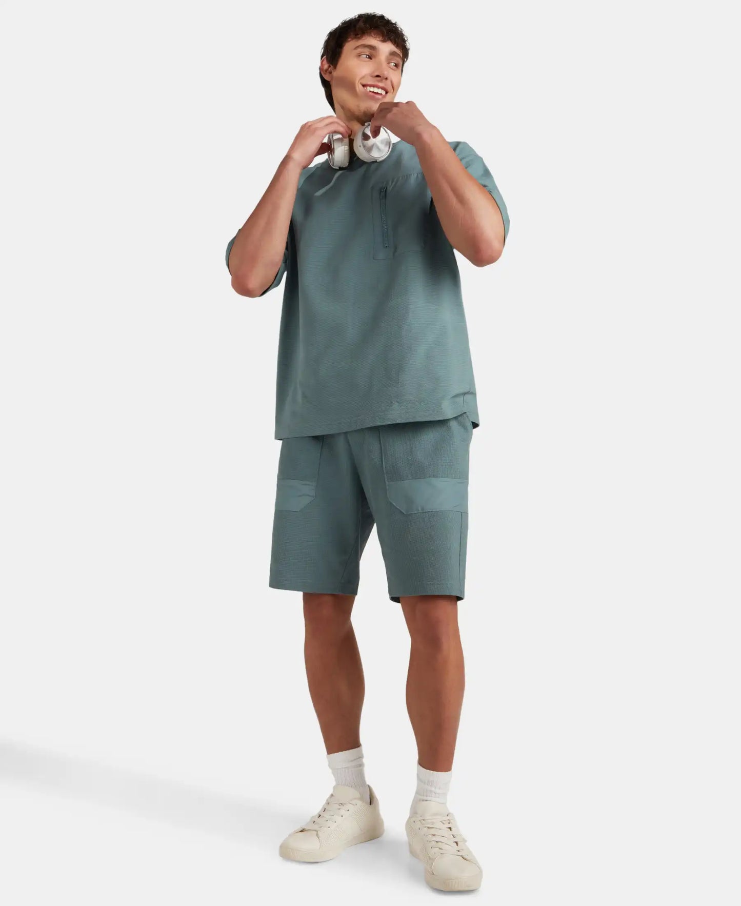 Super Combed Cotton Textured Knit Shorts with Side Pockets - Blue