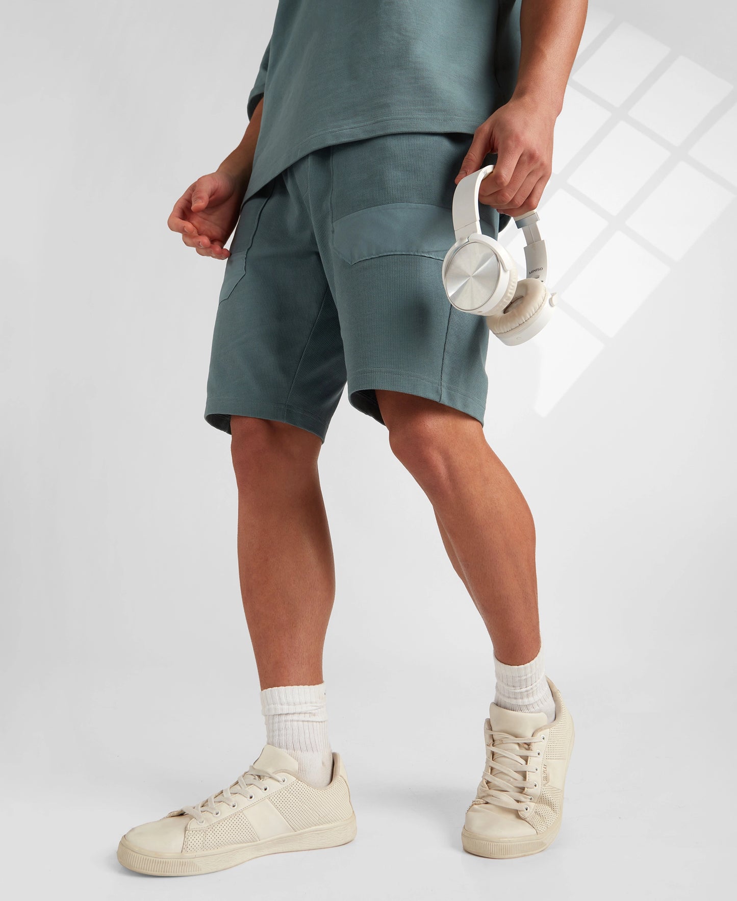 Super Combed Cotton Textured Knit Shorts with Side Pockets - Blue