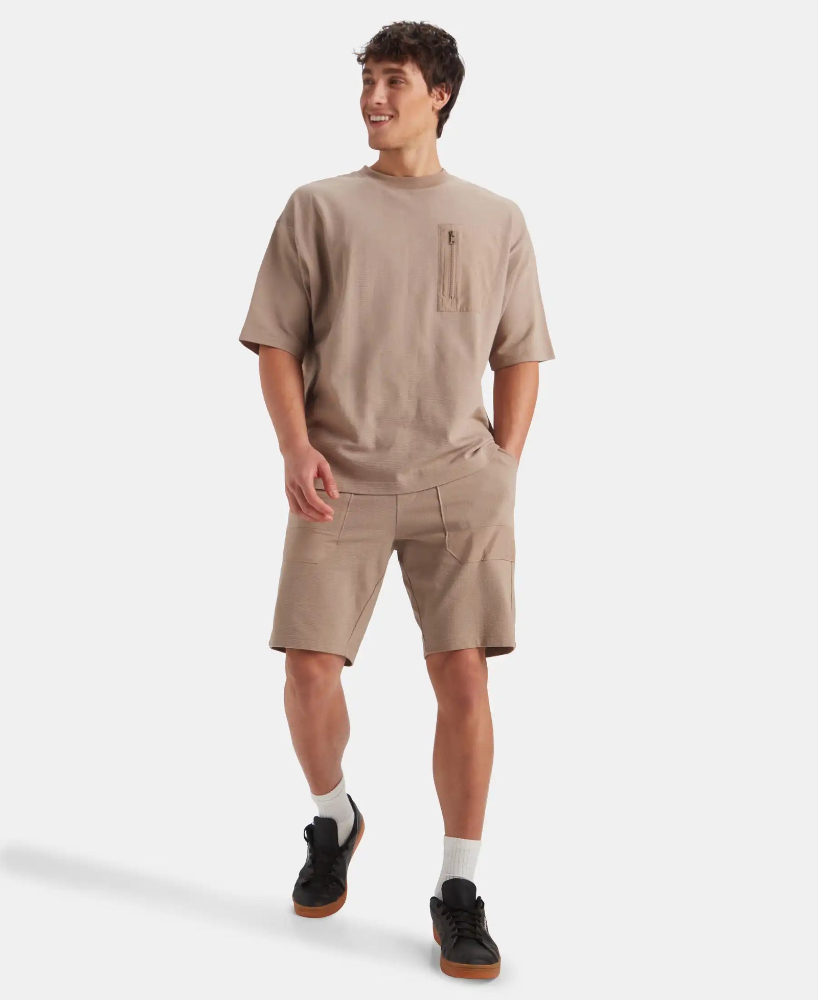 Super Combed Cotton Textured Knit Shorts with Side Pockets - Taupe Grey