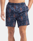 Super Combed Cotton Satin Weave Printed Boxer Shorts with Side Pocket - Navy