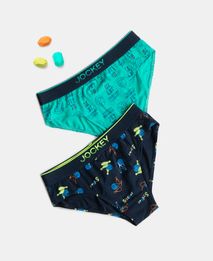 Super Combed Cotton Elastane Stretch Printed Brief with Ultrasoft Waistband - Navy & Billiard Green (Pack of 2)