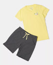 Girl's Super Combed Cotton Short Sleeve T-Shirt and Printed Shorts Set - Black-Yellow Cream