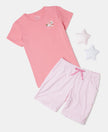 Girl's Super Combed Cotton Short Sleeve T-Shirt and Printed Shorts Set - White-Flamingo Pink