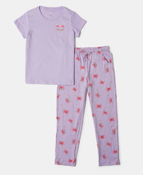 Girl's Super Combed Cotton Short Sleeve T-Shirt and Printed Pyjama Set - Lavendula
