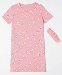 Girl's Super Combed Cotton Printed Dress with Matching Headband - Flamingo Pink