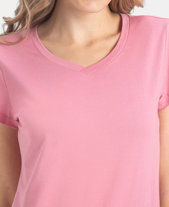Micro Modal Cotton Relaxed Fit Solid V Neck Half Sleeve T-Shirt - Cashmere Rose