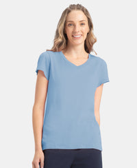 Micro Modal Cotton Relaxed Fit Solid V Neck Half Sleeve T-Shirt - Soft Chambray
