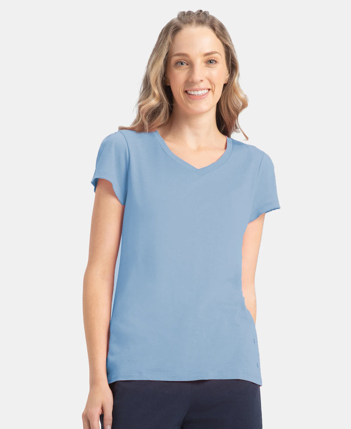 Micro Modal Cotton Relaxed Fit Solid V Neck Half Sleeve T-Shirt - Soft Chambray