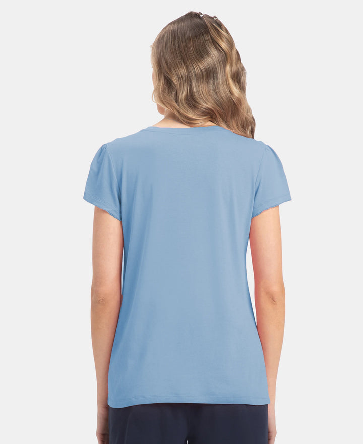 Micro Modal Cotton Relaxed Fit Solid V Neck Half Sleeve T-Shirt - Soft Chambray