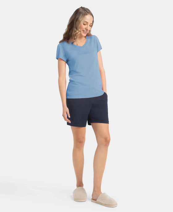 Micro Modal Cotton Relaxed Fit Solid V Neck Half Sleeve T-Shirt - Soft Chambray
