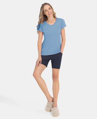 Micro Modal Cotton Relaxed Fit Solid V Neck Half Sleeve T-Shirt - Soft Chambray
