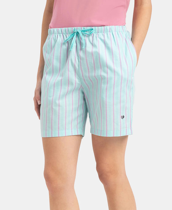 Super Combed Cotton Yarn Dyed Woven Relaxed Fit Striped Shorts with Side Pockets - Aqua Sky