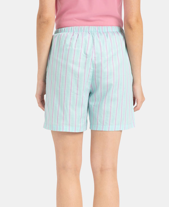 Super Combed Cotton Yarn Dyed Woven Relaxed Fit Striped Shorts with Side Pockets - Aqua Sky
