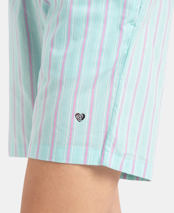 Super Combed Cotton Yarn Dyed Woven Relaxed Fit Striped Shorts with Side Pockets - Aqua Sky