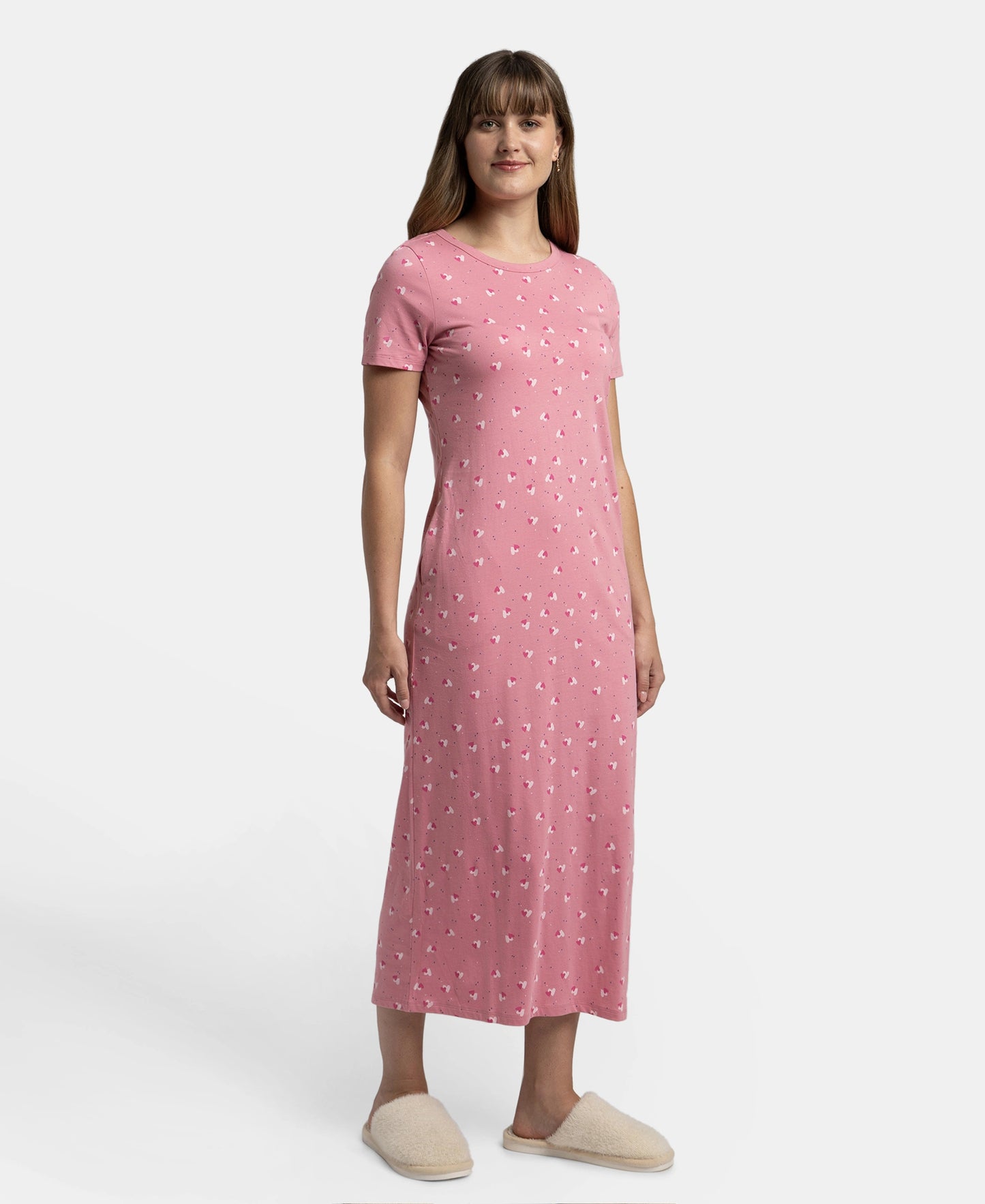Super Combed Cotton Long Length Printed Lounge Dress - Wild Rose