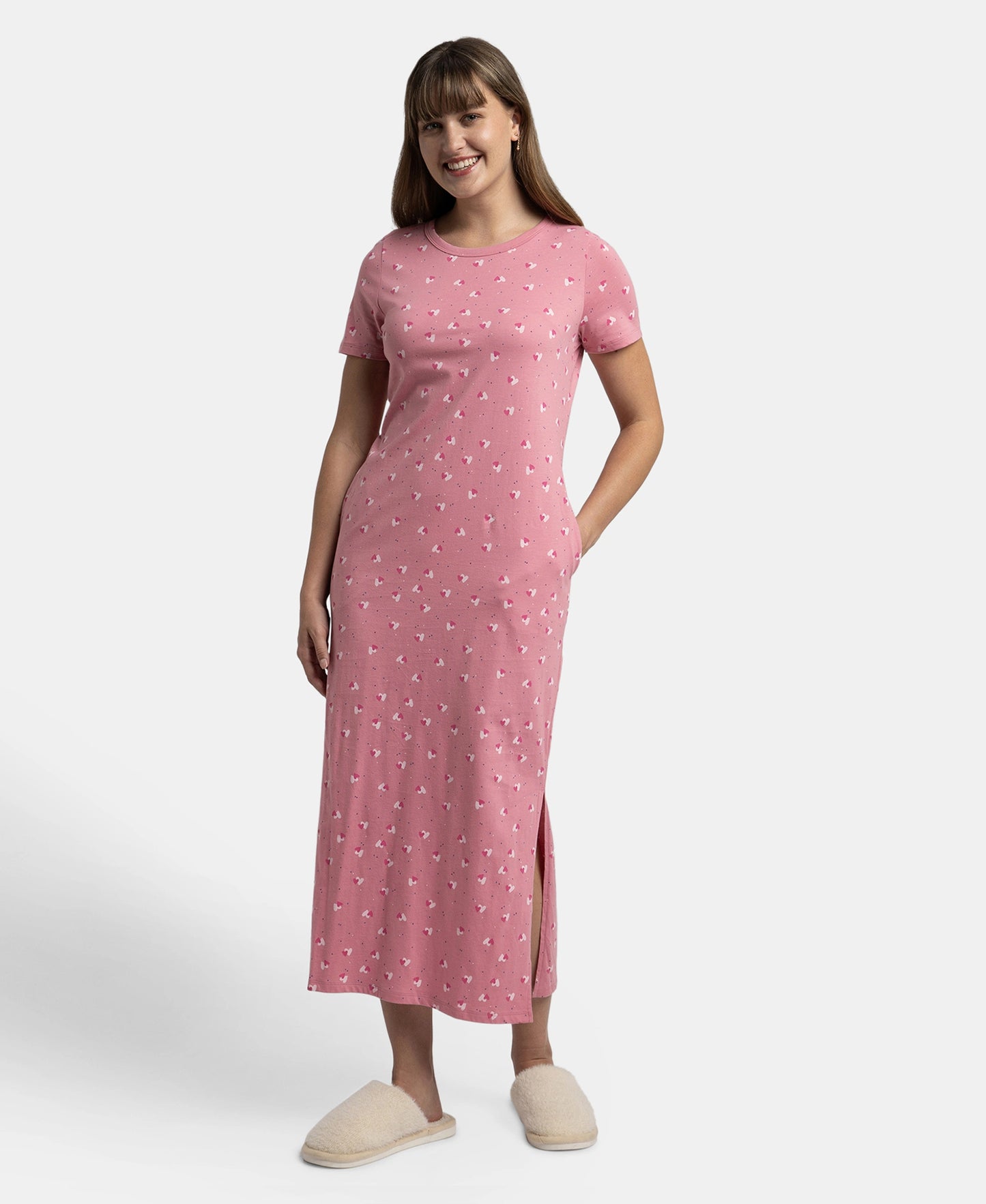 Super Combed Cotton Long Length Printed Lounge Dress - Wild Rose