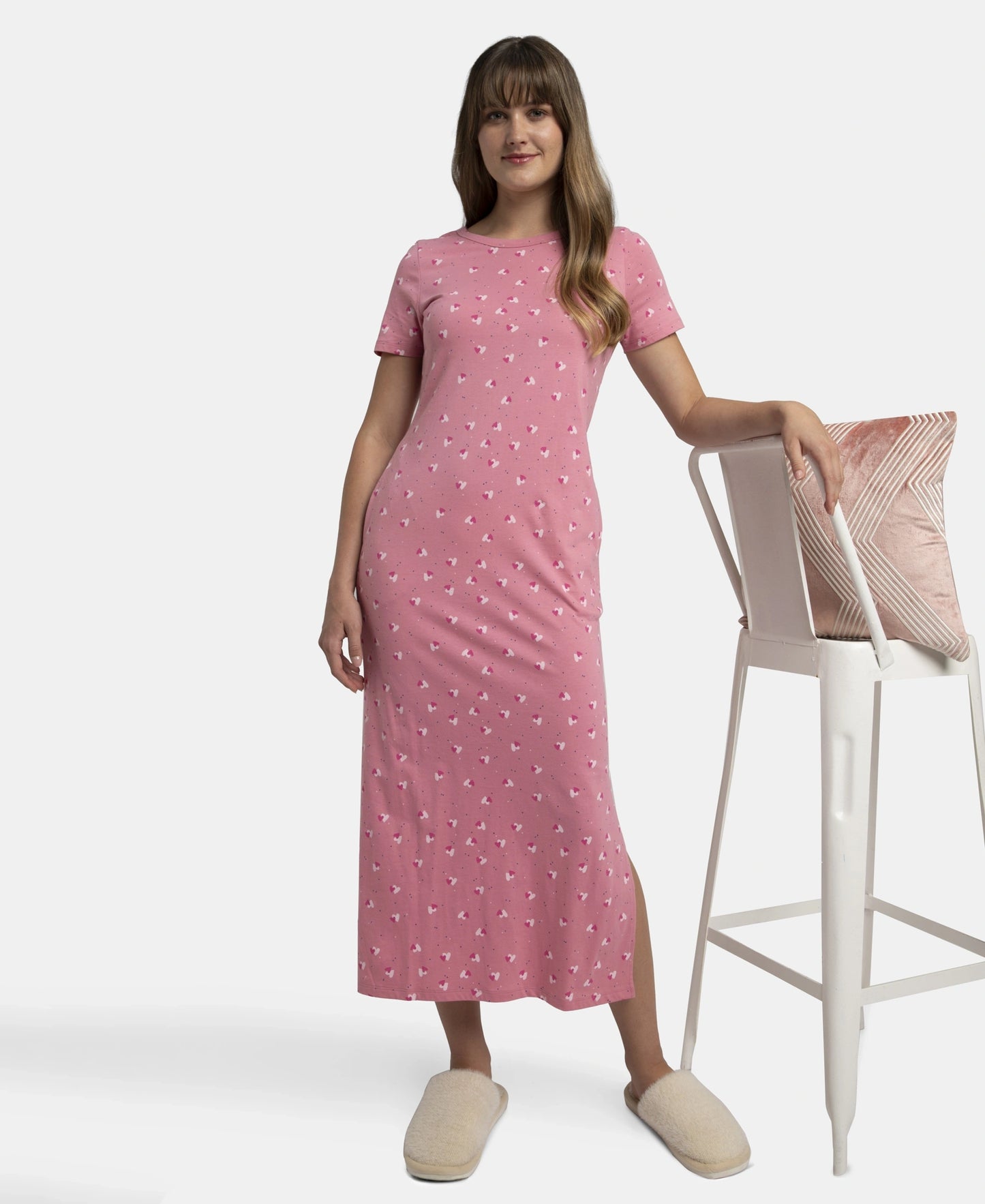 Super Combed Cotton Long Length Printed Lounge Dress - Wild Rose