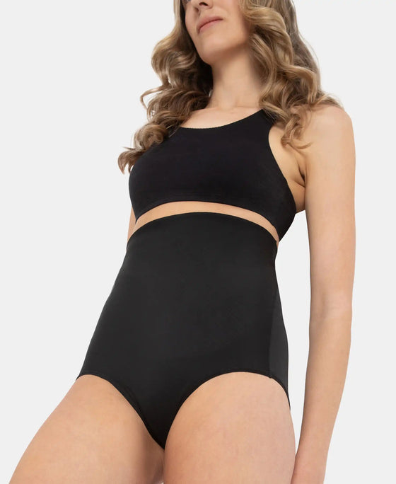 High Waist Microfiber Elastane Stretch Bonded Seamfree Bikini Shapewear - Black