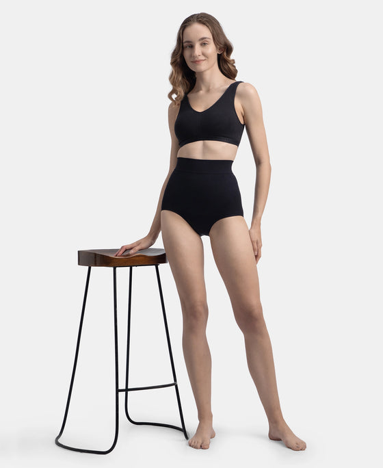 High Waist Microfiber Elastane Stretch Seamfree Bikini Shapewear - Black