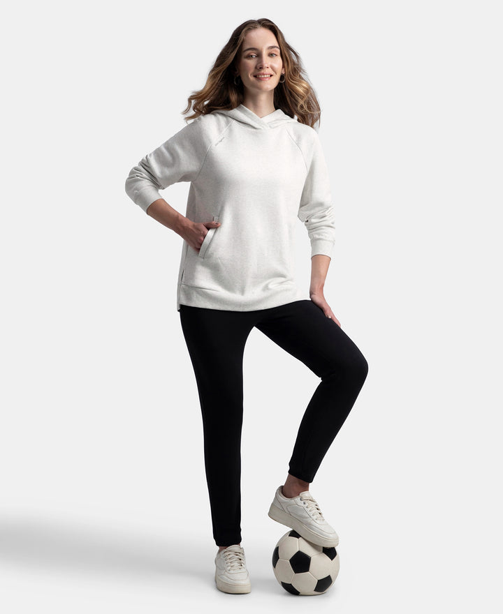 Super Combed Cotton Rich Fleece Fabric Raglan Sleeve Hoodie Sweatshirt - Off White Melange