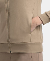 Super Combed Cotton Rich Fleece Fabric Full Zip High Neck Jacket with Front Pockets - Desert Taupe
