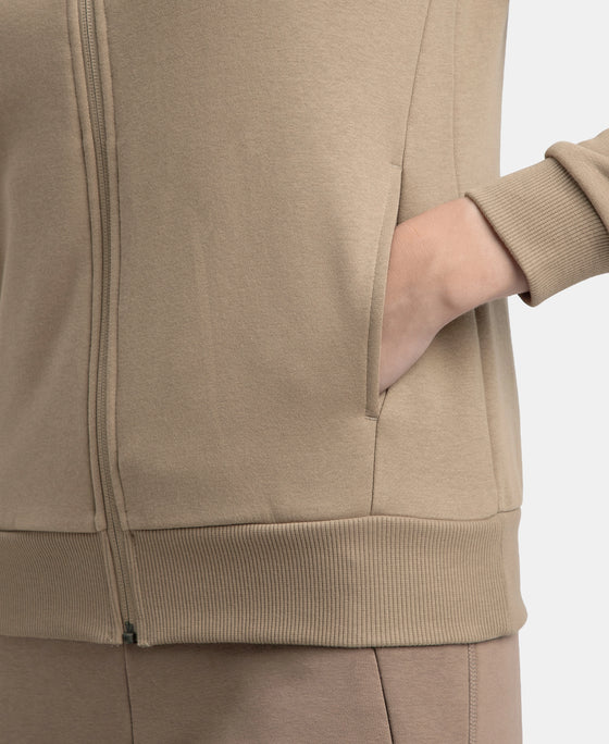 Super Combed Cotton Rich Fleece Fabric Full Zip High Neck Jacket with Front Pockets - Desert Taupe