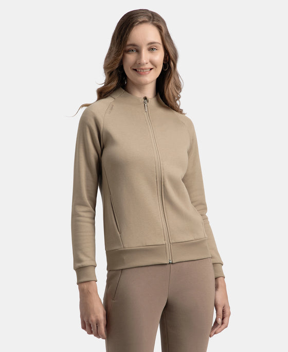 Super Combed Cotton Rich Fleece Fabric Full Zip High Neck Jacket with Front Pockets - Desert Taupe