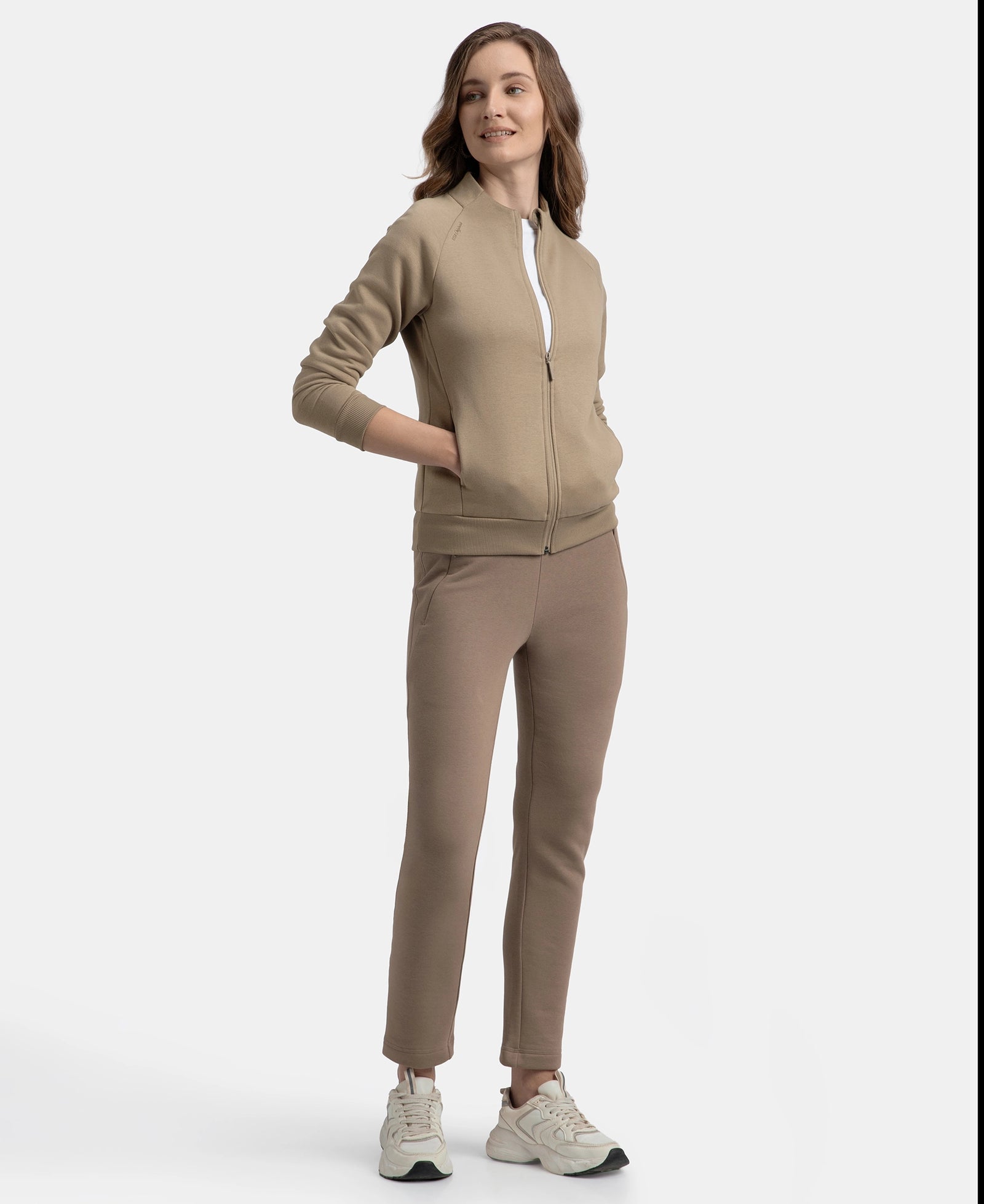 Super Combed Cotton Rich Fleece Fabric Full Zip High Neck Jacket with Front Pockets - Desert Taupe