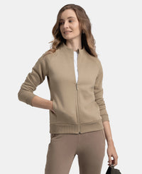 Super Combed Cotton Rich Fleece Fabric Full Zip High Neck Jacket with Front Pockets - Desert Taupe