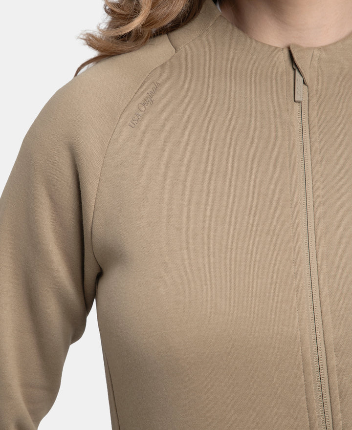 Super Combed Cotton Rich Fleece Fabric Full Zip High Neck Jacket with Front Pockets - Desert Taupe