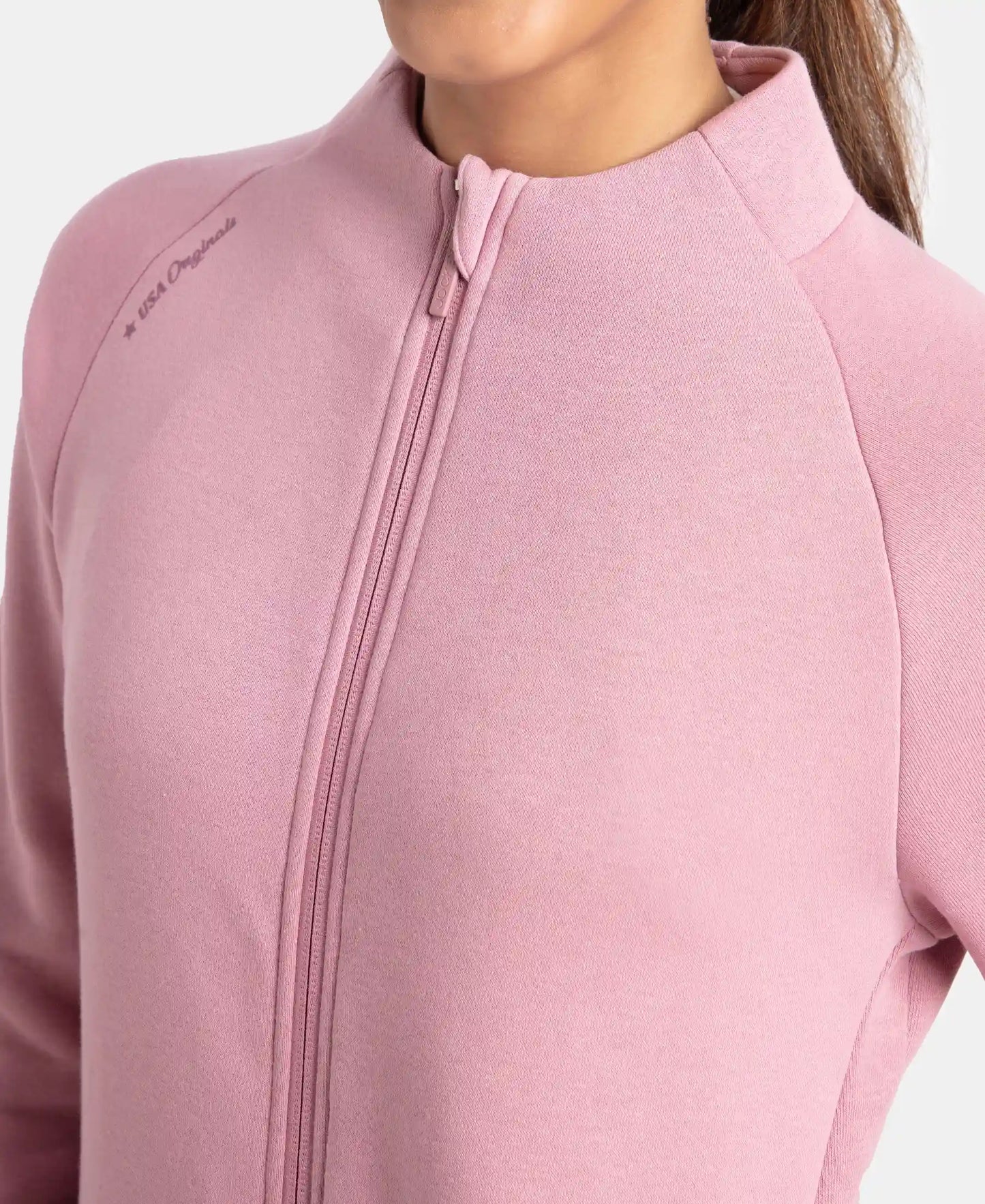 Super Combed Cotton Rich Fleece Fabric Full Zip High Neck Jacket with Front Pockets - Lilas