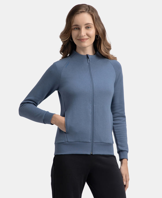 Super Combed Cotton Rich Fleece Fabric Full Zip High Neck Jacket with Front Pockets - Vintage Indigo